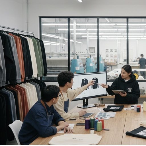 Customization Expertise Design lab workstation showcasing custom fabric swatches and garment finishes for private label branding.