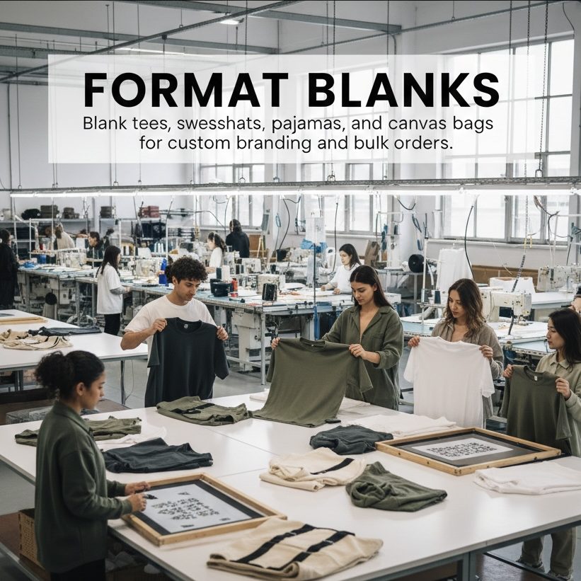 Extensive Product Range Professional design team reviewing technical sketches for blank tees, sweatshirts, and custom pajama lines.