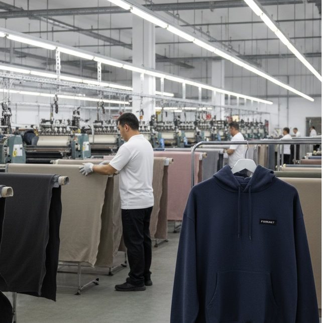 Fabric Rolls/Warehouse Warehouse storage of premium fabric rolls for custom OEM apparel and lifestyle essentials manufacturing.