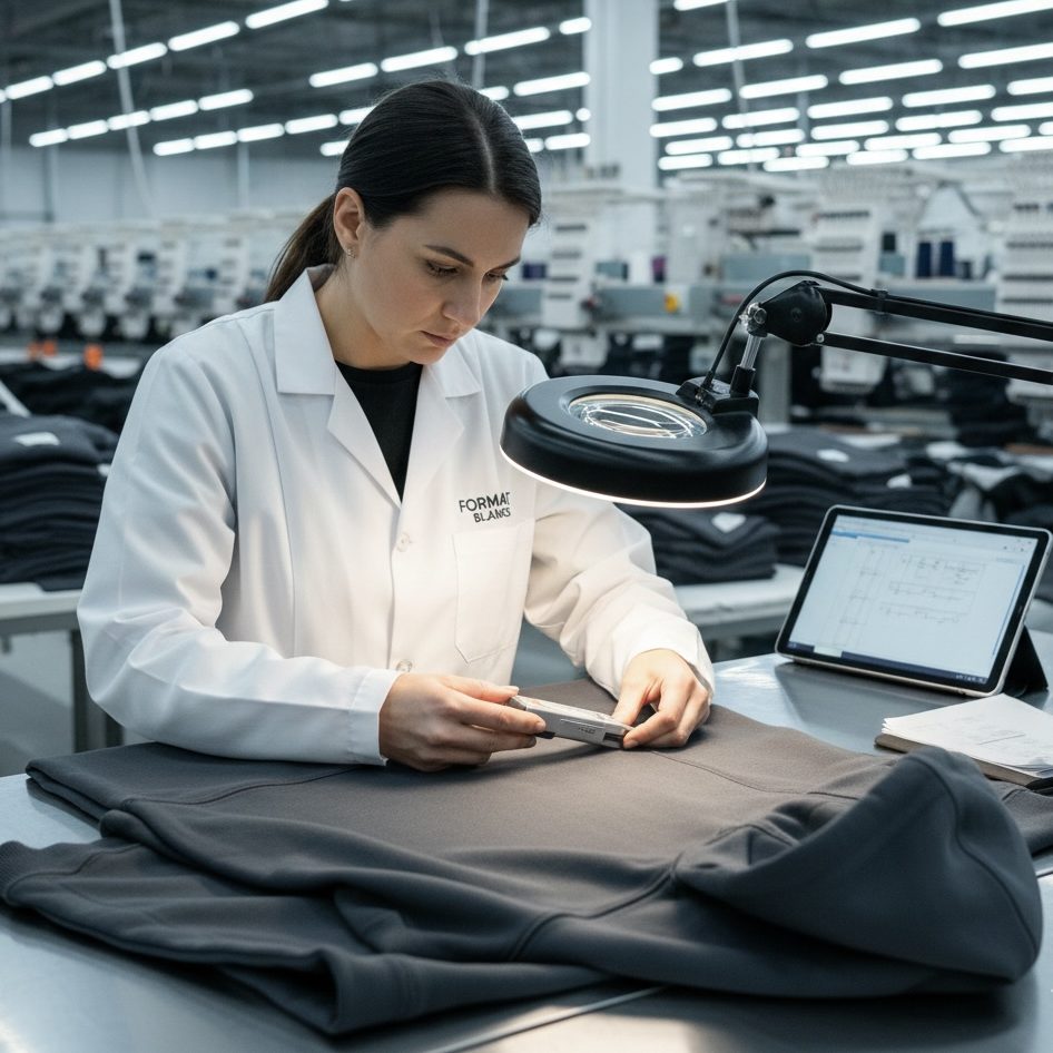 Quality Assurance Close-up of industrial stitching and quality control inspection to ensure premium manufacturing standards.